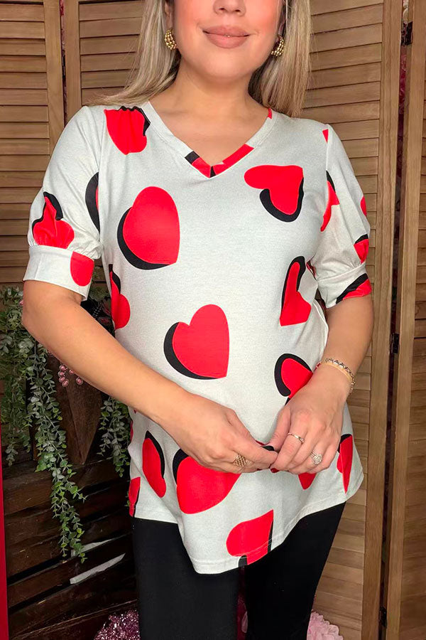 Hearts printed short sleeve women top w/v-neckline GJQ12512