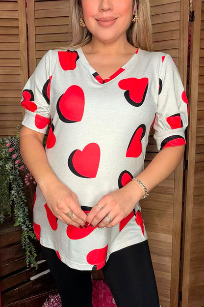 Hearts printed short sleeve women top w/v-neckline GJQ12512