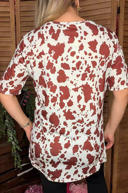"Cattle & Chaos" Heart & brown leopard printed short sleeve women top DLH12594