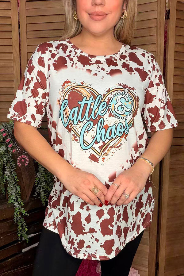 "Cattle & Chaos" Heart & brown leopard printed short sleeve women top DLH12594