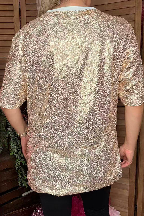 Gold sequin w/heart short sleeve women tops DLH14785