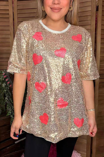 Gold sequin w/heart short sleeve women tops DLH14785