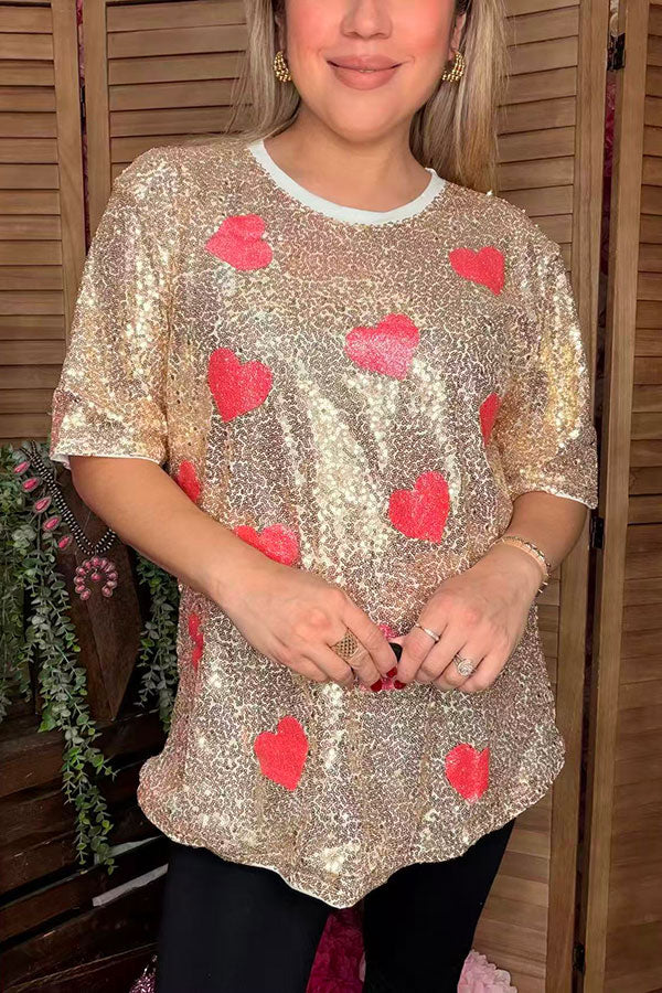 Gold sequin w/heart short sleeve women tops DLH14785