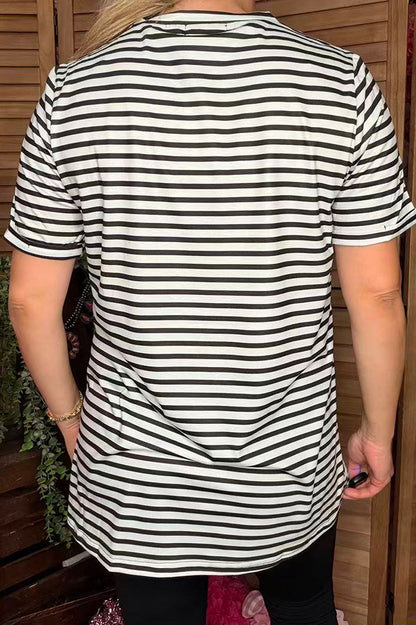 BQ1014 Open heartbrake hotel v-day printed stripes short sleeve women top