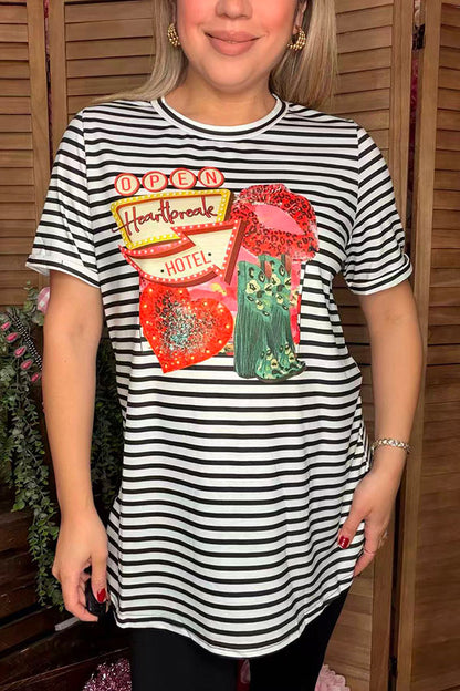 BQ1014 Open heartbrake hotel v-day printed stripes short sleeve women top