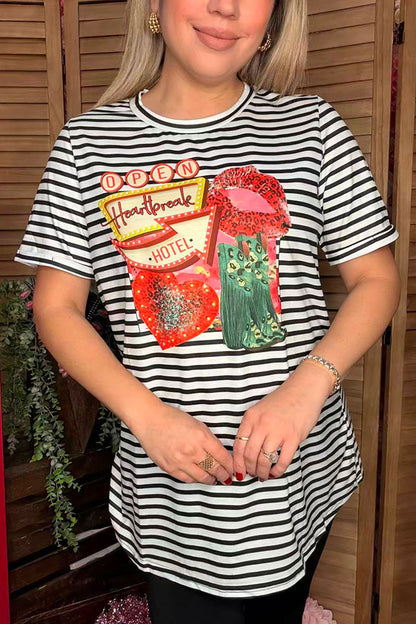 BQ1014 Open heartbrake hotel v-day printed stripes short sleeve women top