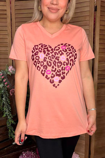 Leopard & lips heart printed coral short sleeve women t-shirt DLH9000