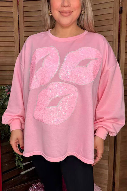 Valentine's pink sequin lips long sleeve women shirt DLH14600