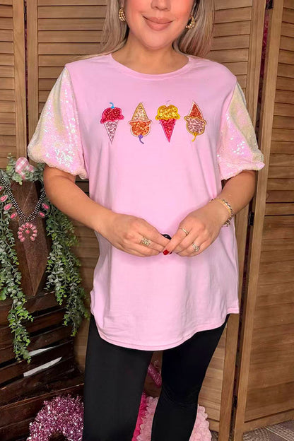 Pink sequin puff short sleeves & ice cream patch women shirt DLH13632