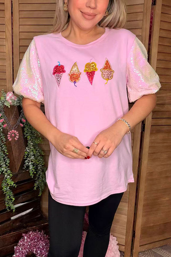 Pink sequin puff short sleeves & ice cream patch women shirt DLH13632