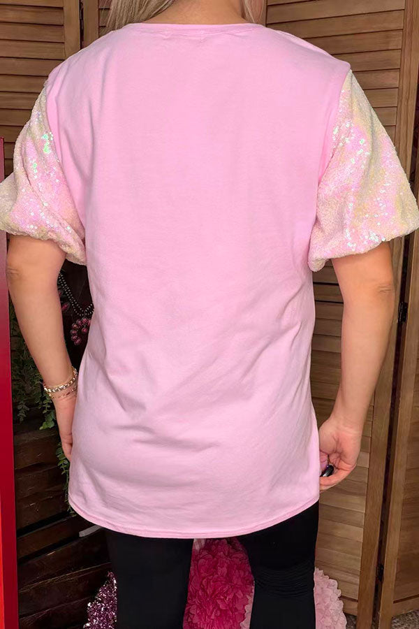 Pink sequin puff short sleeves & ice cream patch women shirt DLH13632