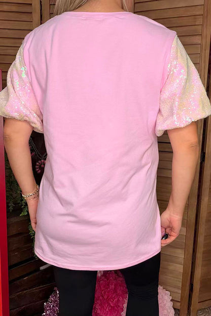 Pink sequin puff short sleeves & ice cream patch women shirt DLH13632