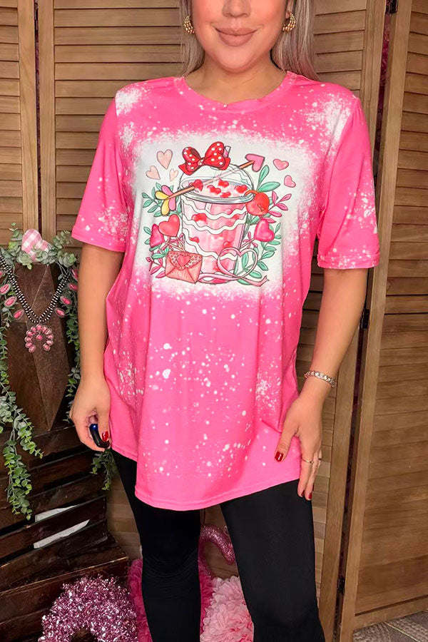 Mom and me Heart & bow print valentine short sleeve women fuchsia t-shirt DLH13521