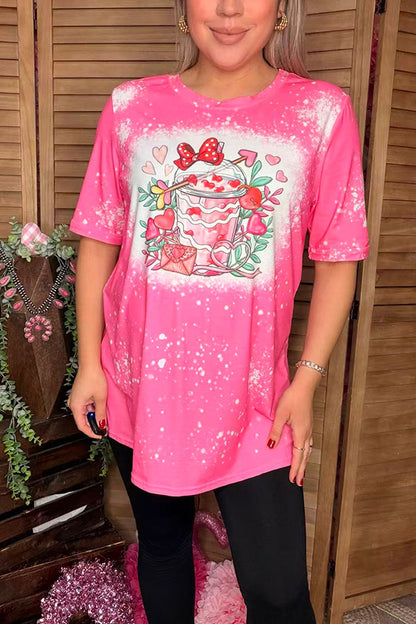 Mom and me Heart & bow print valentine short sleeve women fuchsia t-shirt DLH13521