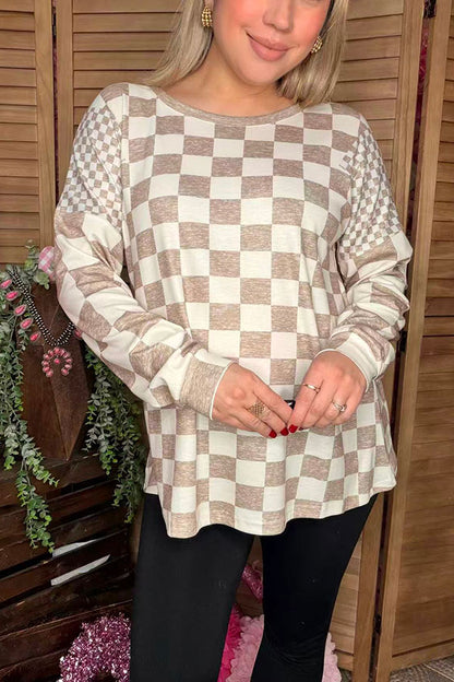 Brown checkered printed long sleeve women shirts XCH16752