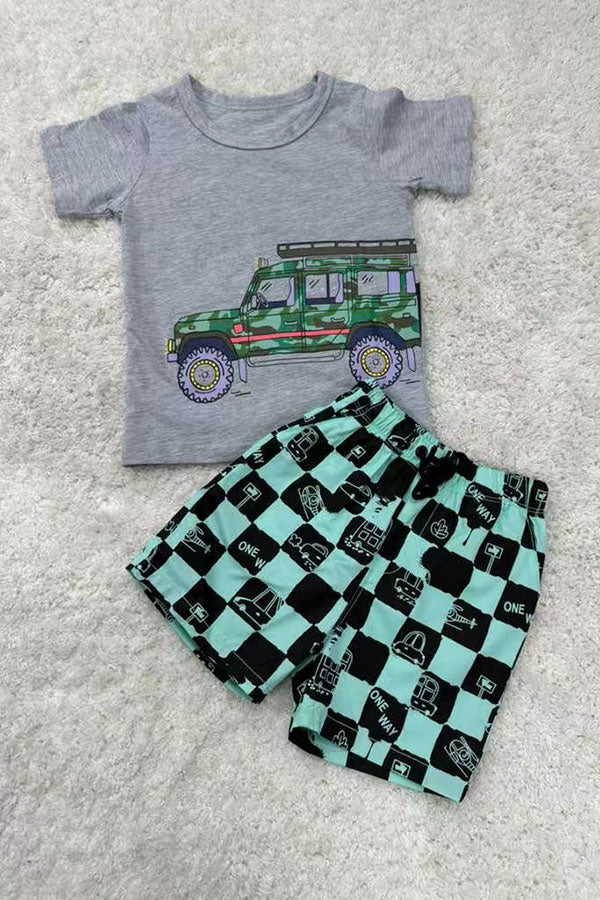 Summer camo car printed grey short sleeve top & checkered shorts 2pc boy set 250945M
