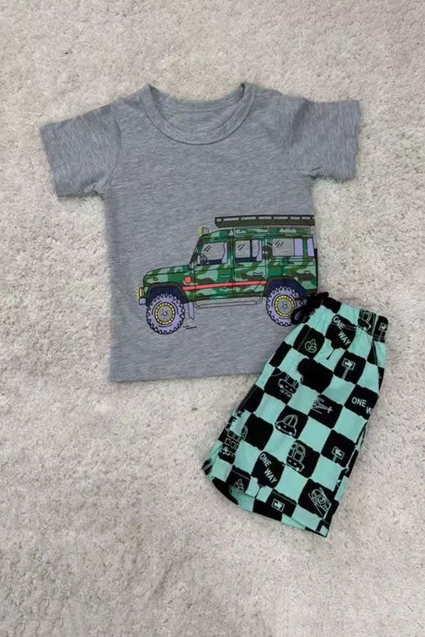 Summer camo car printed grey short sleeve top & checkered shorts 2pc boy set 250945M