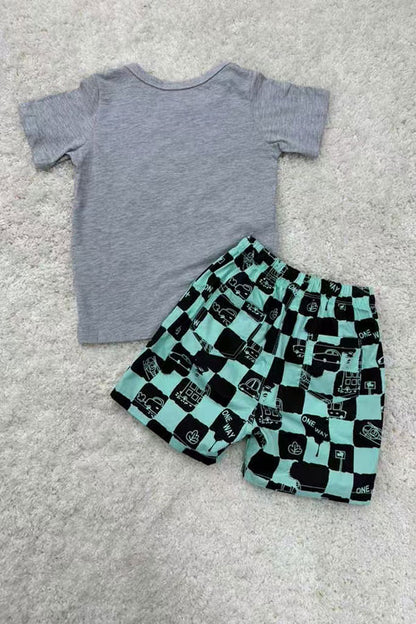 Summer camo car printed grey short sleeve top & checkered shorts 2pc boy set 250945M