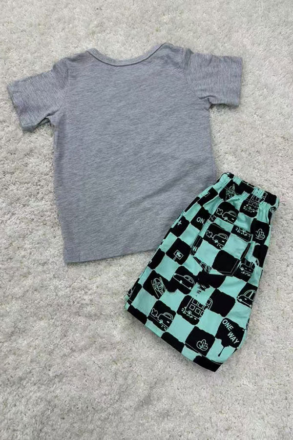 Summer camo car printed grey short sleeve top & checkered shorts 2pc boy set 250945M