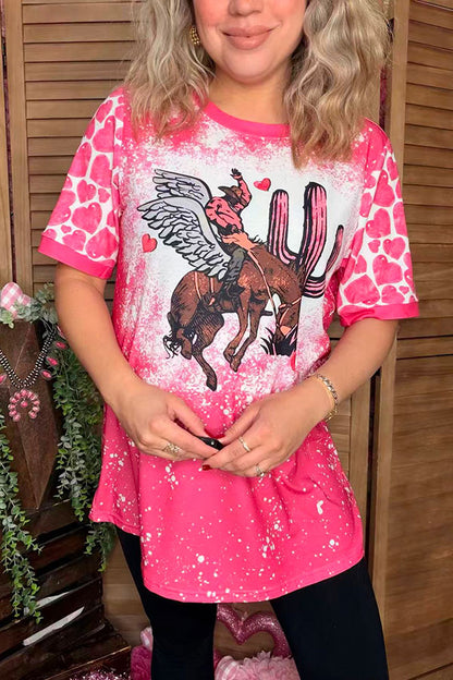 Cowboy riding horse printed short sleeves fuchsia women top XCH14568
