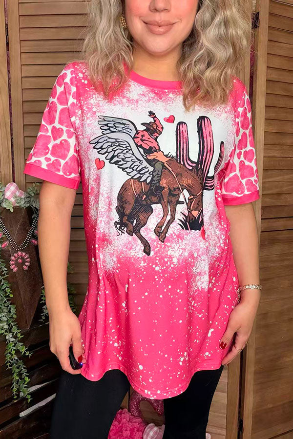Cowboy riding horse printed short sleeves fuchsia women top XCH14568