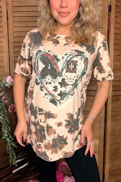 Valentine Leopard & heart printed short sleeve women tops DLH13881
