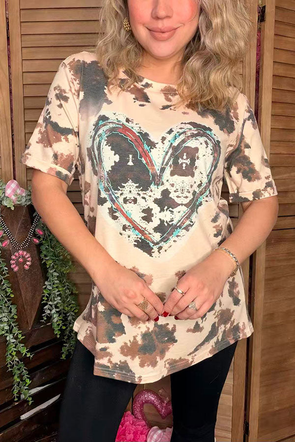 Valentine Leopard & heart printed short sleeve women tops DLH13881