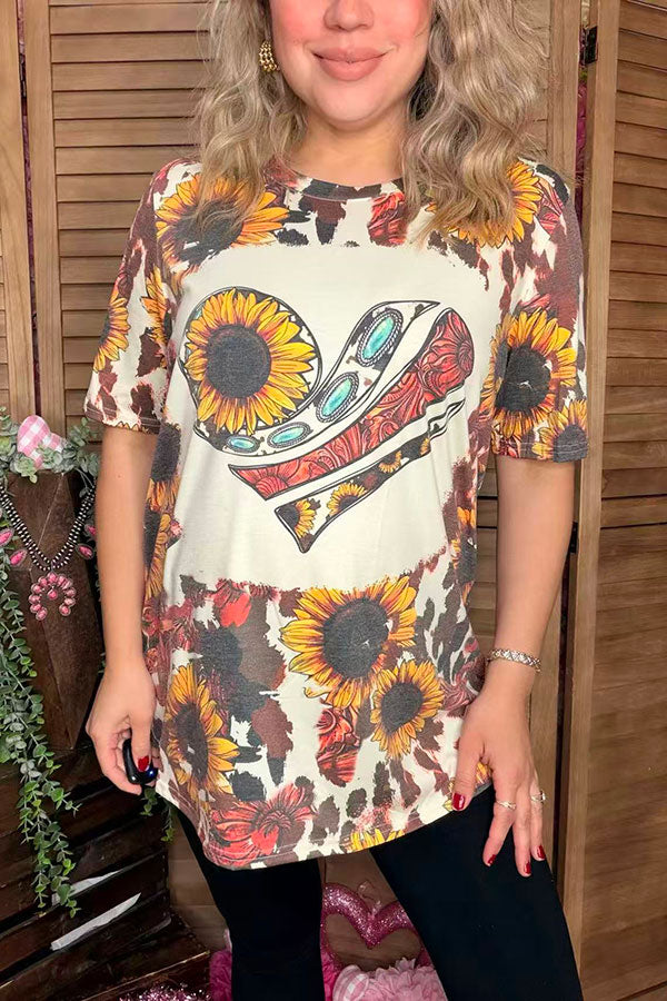 Valentine Sunflower & Jewel & Paisley hearts print short sleeve women top DLH12411