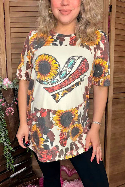 Valentine Sunflower & Jewel & Paisley hearts print short sleeve women top DLH12411