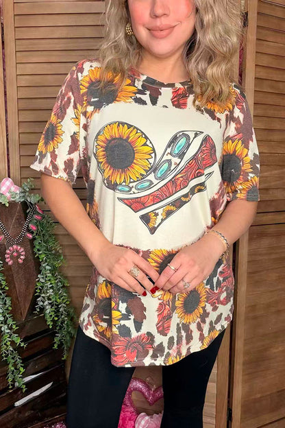 Valentine Sunflower & Jewel & Paisley hearts print short sleeve women top DLH12411