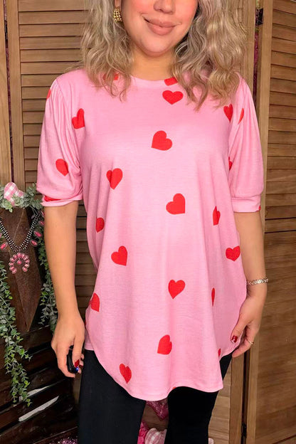 Red hearts printed pink short sleeve women top DLH14693