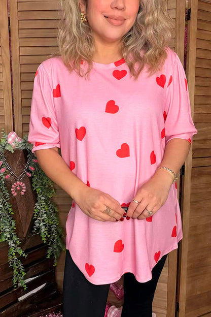 Red hearts printed pink short sleeve women top DLH14693