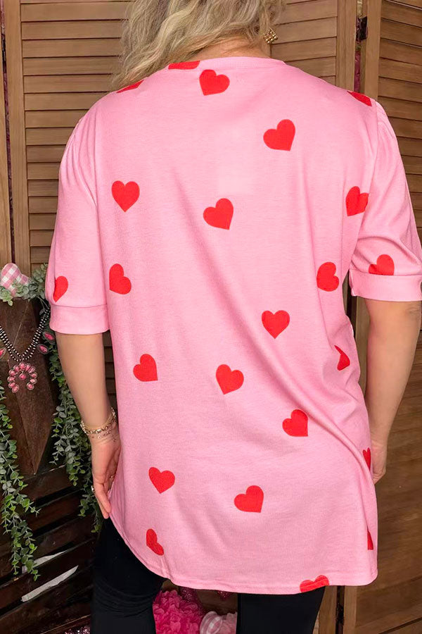 Red hearts printed pink short sleeve women top DLH14693