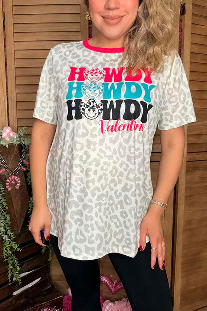 Smile face & HOWDY Valentine leopard printed top w/short sleeve XCH14602