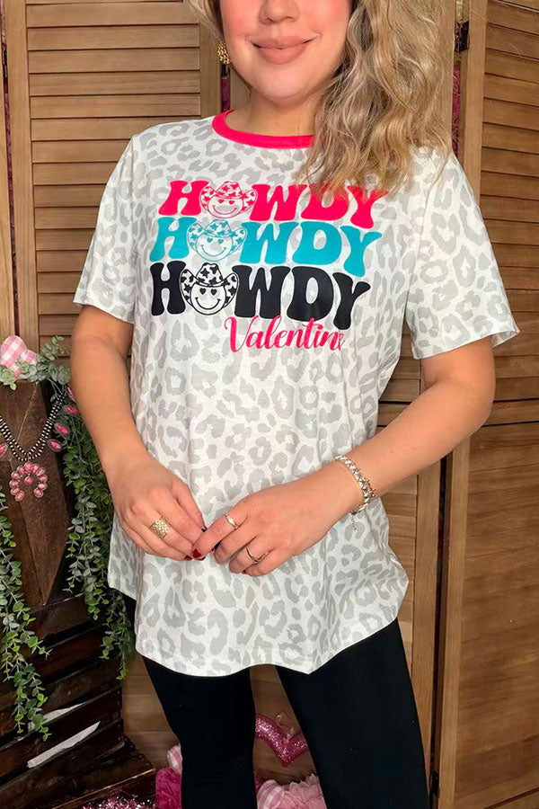 Smile face & HOWDY Valentine leopard printed top w/short sleeve XCH14602