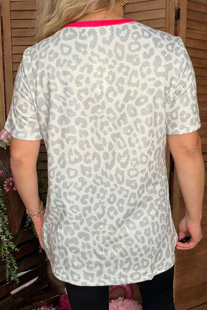 Smile face & HOWDY Valentine leopard printed top w/short sleeve XCH14602