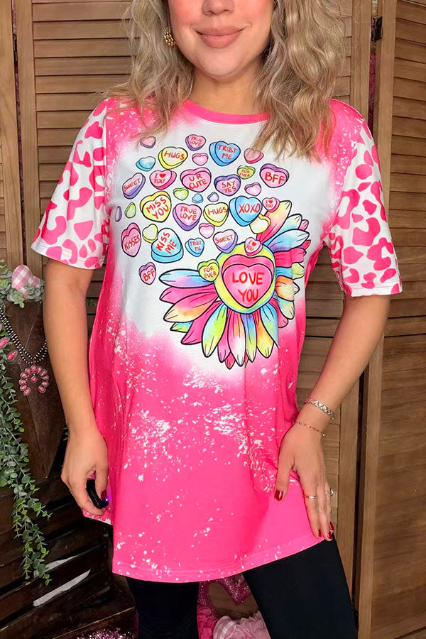 Valentine Hearts printed leopard short sleeve tie dye women t-shirt XCH14625