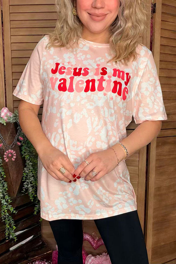 "Jesus is my valentine" pink leopard printed short sleeve women top XCH14682