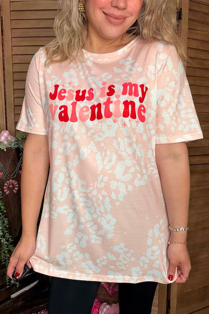 "Jesus is my valentine" pink leopard printed short sleeve women top XCH14682