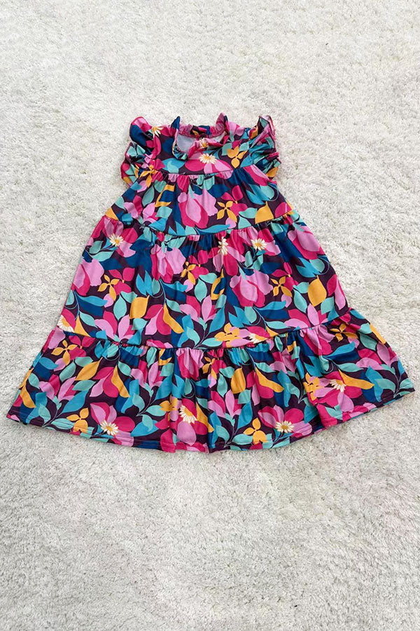 Spring floral printed sleeveless long style girls dress DLH2887