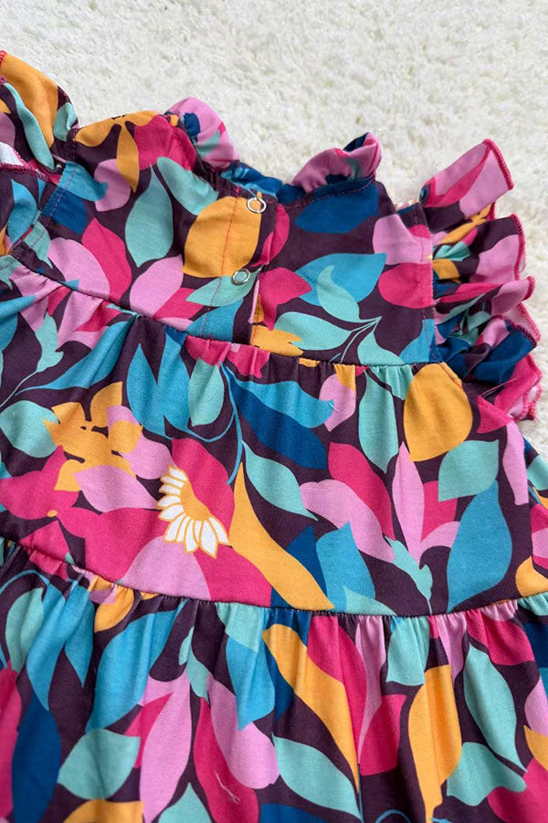 Spring floral printed sleeveless long style girls dress DLH2887