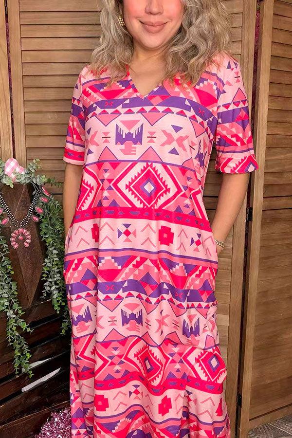 Women's clothes suppliers Aztec printed short sleeve dress w/side pockets GJQ15744