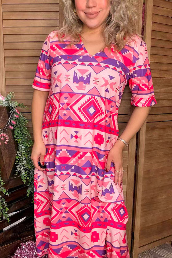 Women's clothes suppliers Aztec printed short sleeve dress w/side pockets GJQ15744