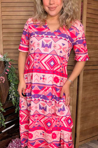 Women's clothes suppliers Aztec printed short sleeve dress w/side pockets GJQ15744