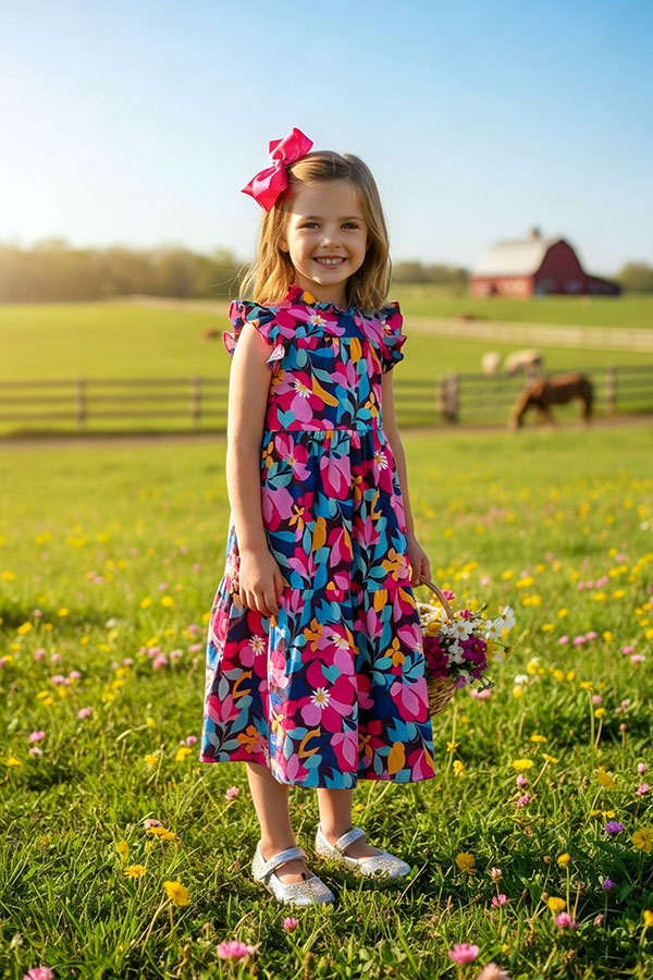 Spring floral printed sleeveless long style girls dress DLH2887