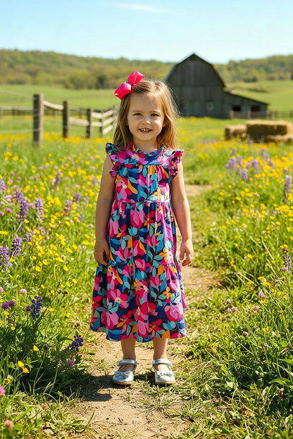 Spring floral printed sleeveless long style girls dress DLH2887