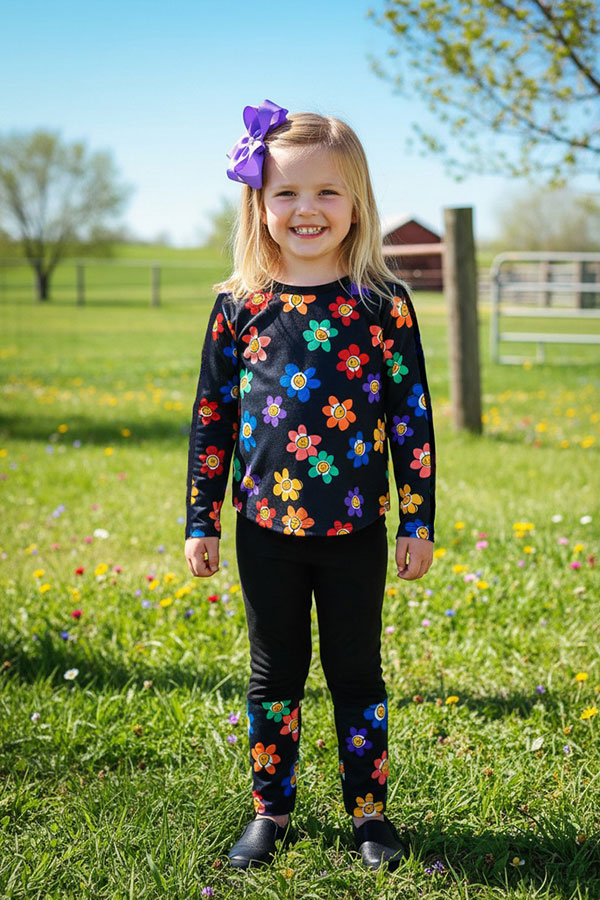 Smile face flower prints long sleeve top black pant 2pc girls sets XCH04006
