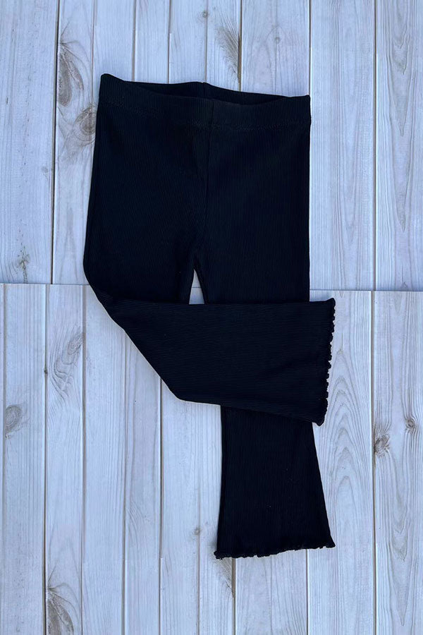 Black ribbed knitted fabric bell bottom girls pant 250946M
