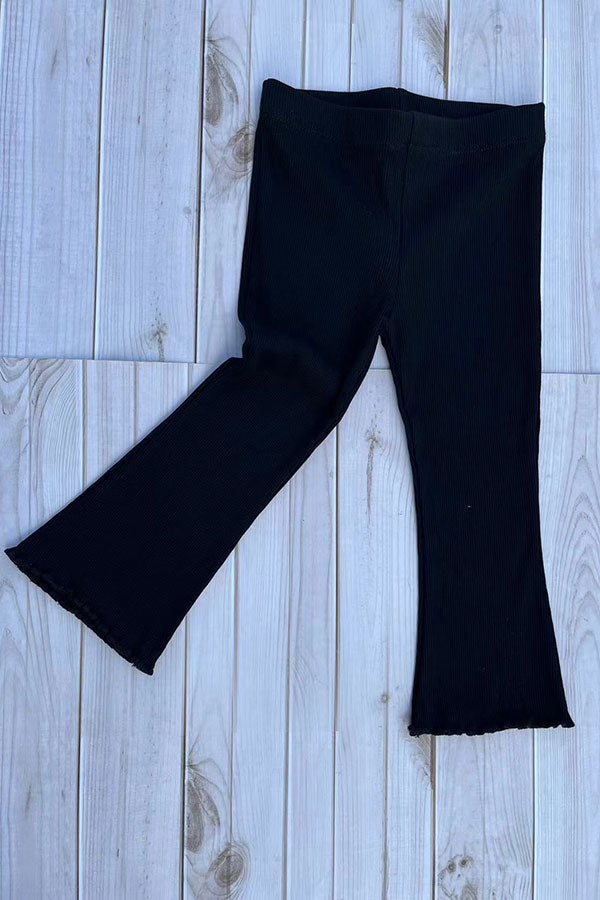 Black ribbed knitted fabric bell bottom girls pant 250946M