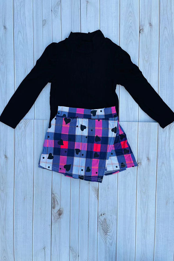 DLH2840 Knitted black puff long sleeve top & plaid shorts 2pc girls sets